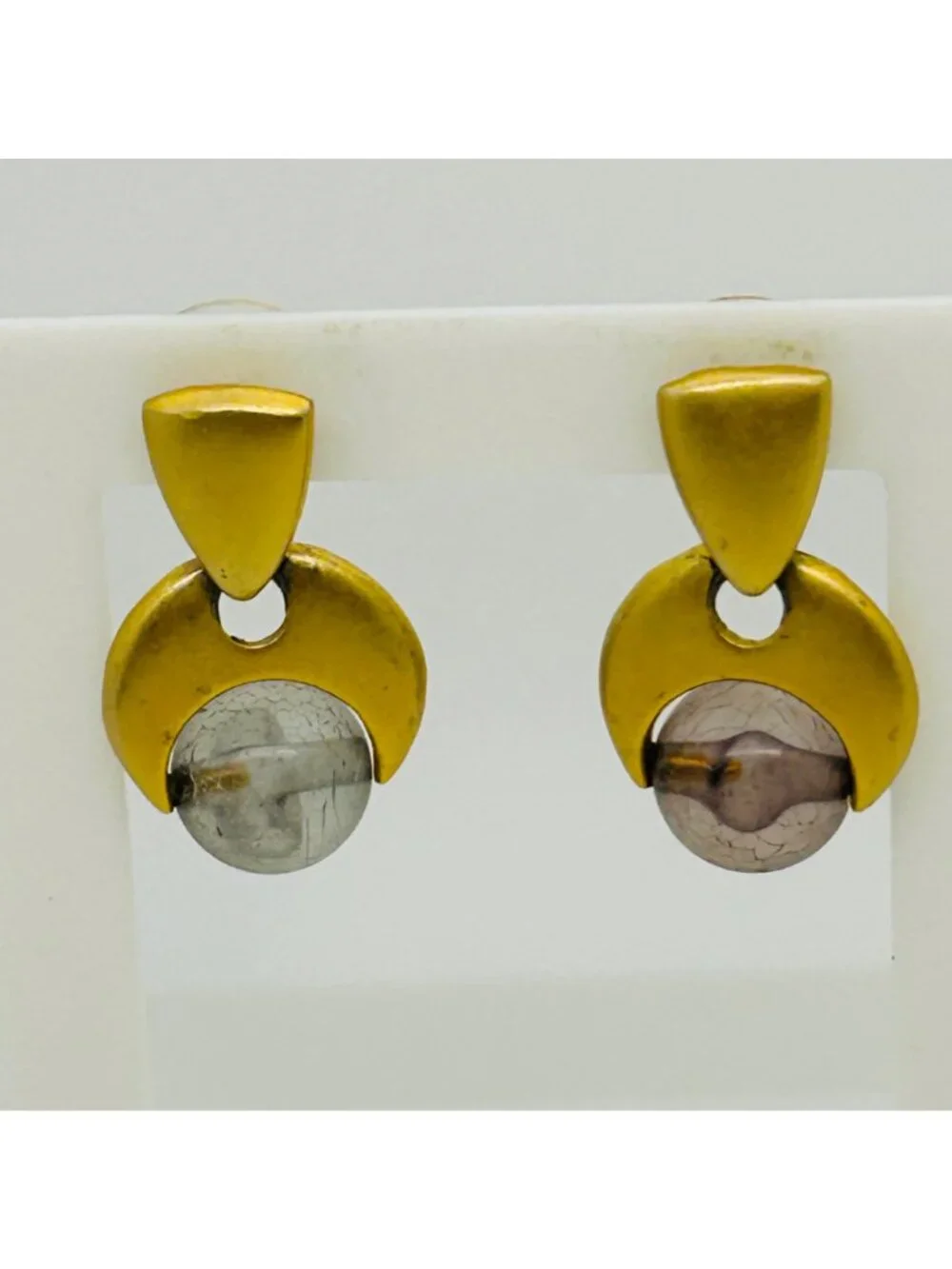 Modernist Gold Tone Acrylic Grey Orb Drop Dangle Hoop Pierced Earring 3 Pair Lot